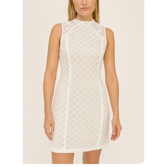 Ladakh Dress White Floral Crochet Overlay Sleeveless high body con mini SZ S - Picture 1 of 11